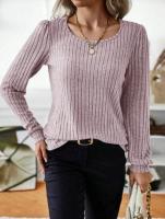 Suéter de Manga Larga para Mujer Jersey Informal a Rayas Verticales, Holgado, Color Sólido, Cuello Redondo, Moda de Otoño 2025 - details 16