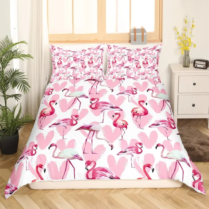 Juego de Ropa de Cama de Flamenco de Poliéster Cubierta de Edredón de Tamaño Twin con Diseño de Palmas Ideal para Adolescentes Funda de Cama para Niños - 1