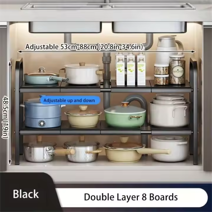 1 Juego de organizadores multiusos para cocina debajo del fregadero del baño-estante de almacenamiento organizador de estante de gabinete expandible - 1