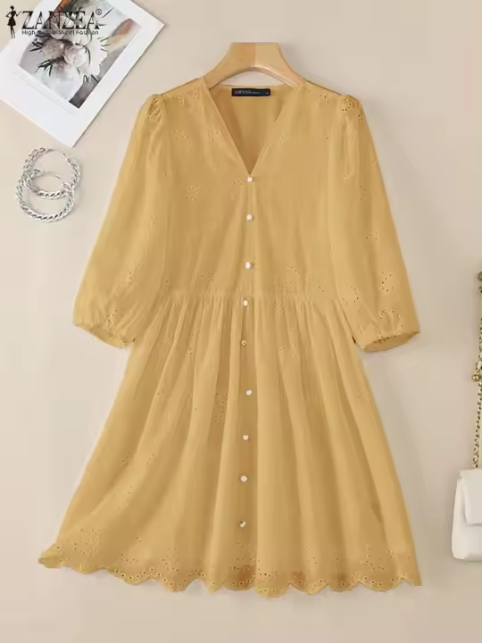 ZANZEA-vestido de mujer de encaje de retales, Vestidos informales de verano y primavera, Vestidos con cuello en A, ropa de calle por encima de la rodilla, vestido veraniego - 1