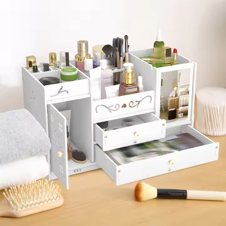 Organizador de Cosméticos Moderno Caja de Almacenamiento Impermeable de PVC Duradera con 2 Cajones y Espejos Ideal para Dormitorio Cajas de Almacenamiento de Muebles - 1
