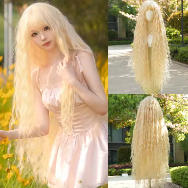 Pelucas sintéticas de Lolita rubia de pelo rizado Extra largo de 44 pulgadas con flequillo pelucas de Cosplay naturales suaves de Lolita para juegos de rol - 1