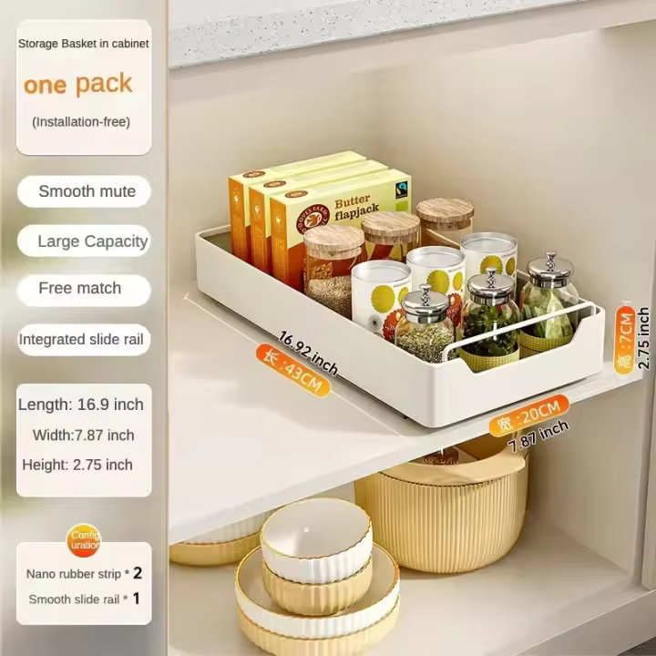 Estante de almacenamiento de cocina con rieles deslizantes, bandeja extraíble tipo cajón de cocina, caja de especias, organizador de armarios, nuevo - 1