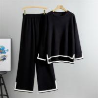 Traje tejido para mujer 2 Conjunto de ropa de mujer de Color sólido de manga larga，Traje de cuello redondo y pantalones sueltos - details 3