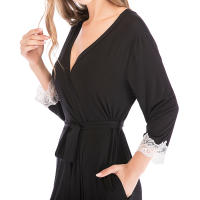 Bata de noche para mujer, pijama, ropa de dormir, cuello en V, manga larga, vestido con puños de encaje y pretina - details 8