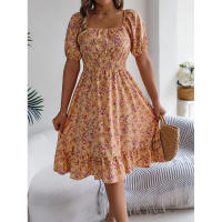 Primavera Verano 2025 Europeo y Americano Floral Cuello Cuadrado Manga Corta Cintura con Volantes Falda Línea A - details 11