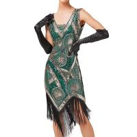 Vintage lentejuelas con cuentas Art Deco Flapper vestidos años 20 gran Gatsby fiesta flecos cuello en V sin mangas bordado vestido Midi - details 1
