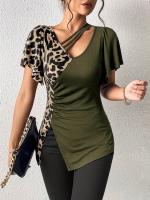 Nuevo estampado de leopardo irregular manga corta Camiseta cuello mariposa manga patchwork top mujer - details 12