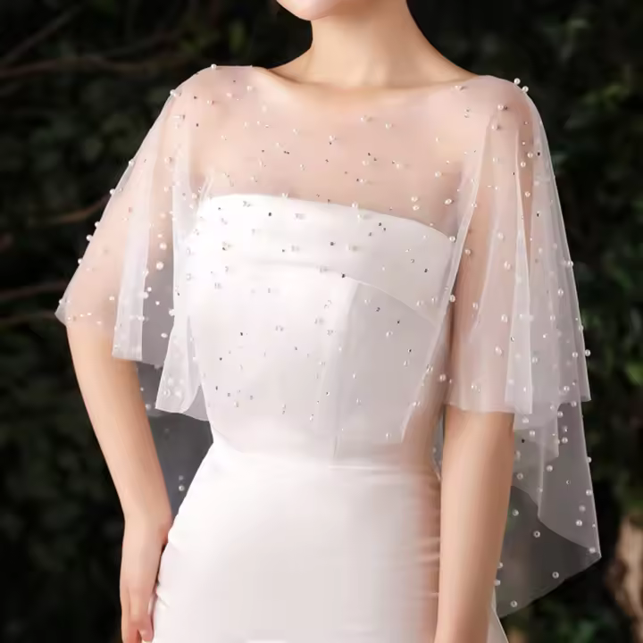 Dulce encaje novia vestido de novia chal transparente estilo coreano vestidos de noche bufandas capa perla malla bufanda fiesta - 1