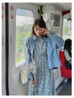 Vestido corpiño con mangas florales frescas para mujer, vestido largo romántico de estilo francés con temperamento suave, tejido de poliéster estampado - details 2