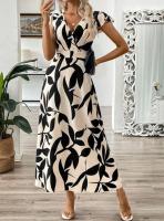 Vestido con borde de volantes y cuello en V estampado a la moda de verano 2025 para mujer - details 3