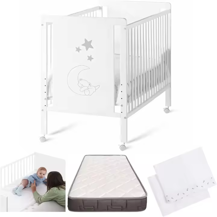 Cuna Colecho de Bebe, Kit para Unir la Cuna con la Cama, 4 Ruedas, Sábana Bajera y Encimera de Algodón Natural. - 1
