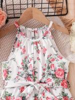Romántico estampado floral de verano para niñas, vestido halter informal empalmado para vacaciones, cinturón y tacón con volantes - details 2