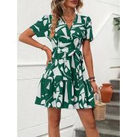 Vestido estampado plisado con cuello en V y cinturón suelto de moda bohemia para mujer - details 2