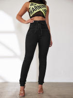 Cintura alta pies pequeños mujer cintura elástica elástico ajuste de cadera pantalones sexy con cordones pies pequeños jeans - details 5