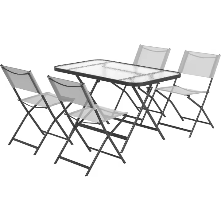 Conjunto de jardín de 5 piezas para exteriores, incluye 1 mesa de vidrio templado y 4 sillas plegables estilo moderno para terraza o patio, color gris. - 1