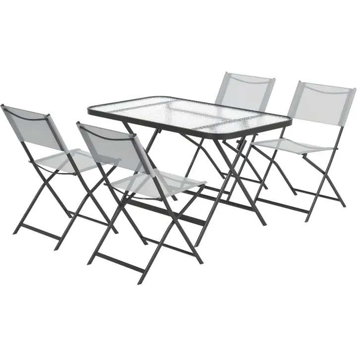 Conjunto de jardín de 5 piezas para exteriores, incluye 1 mesa de vidrio templado y 4 sillas plegables estilo moderno para terraza o patio, color gris. - 1