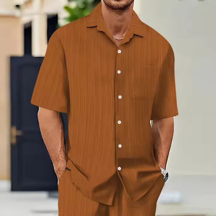 Gran oferta de camisas de manga corta para hombre, color sólido, cuello vuelto, estilo informal de playa de talla grande - 1