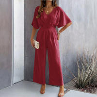 Monos de verano de manga corta para mujer, vestido de cintura alta con cuello en V y pantalones, color rojo burdeos - details 1