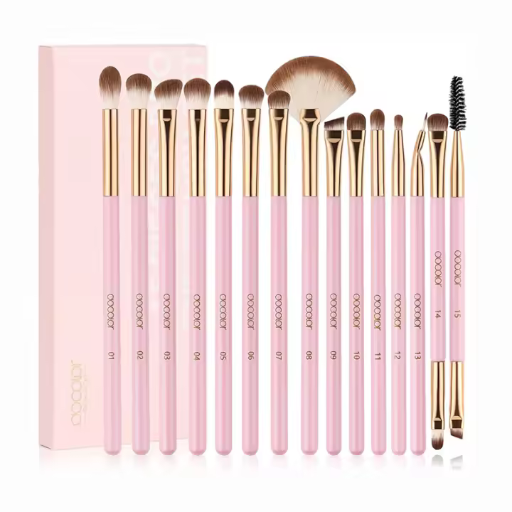 Brochas de Maquillaje Rosa Docolor 15Pcs Herramientas de Mezcla de Belleza para Sombra de Ojos Delineador de Pestañas Cejas - 1