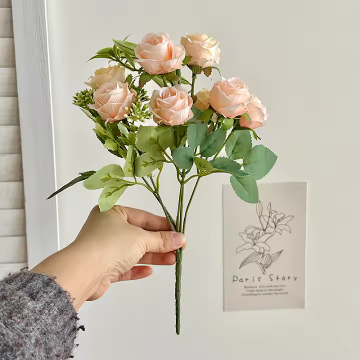 DIY 10 cabezas ramo de rosas artificiales tela de seda flor Artificial seda flor falsa decoración de boda - 1