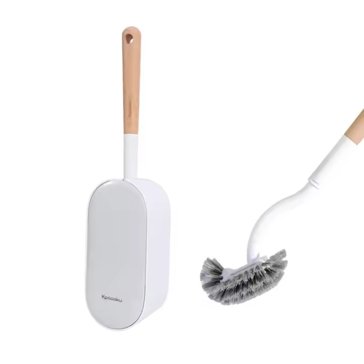 Cepillo De Inodoro Con Soporte Diseño Curvo Cepillo De Limpieza Angulado Mano De Madera Herramientas De Baño Montado En La Pared - 1