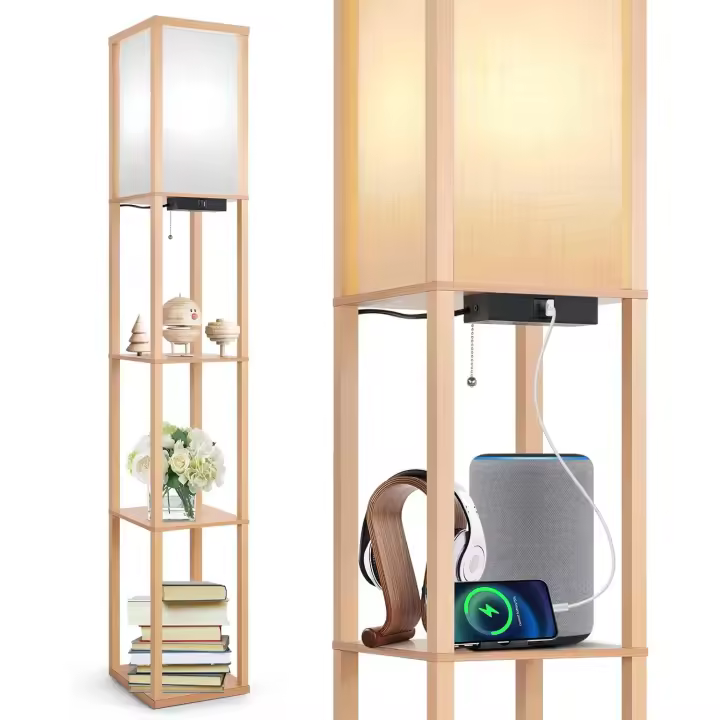 Lámpara de Pie, Puerto de Carga y Control Remoto, Estante de Madera, LED Regulable de 4 Temperaturas de Color, Incluye Bombilla, para Salón, Dormitorio y Oficina, Decoración Vintage - 1