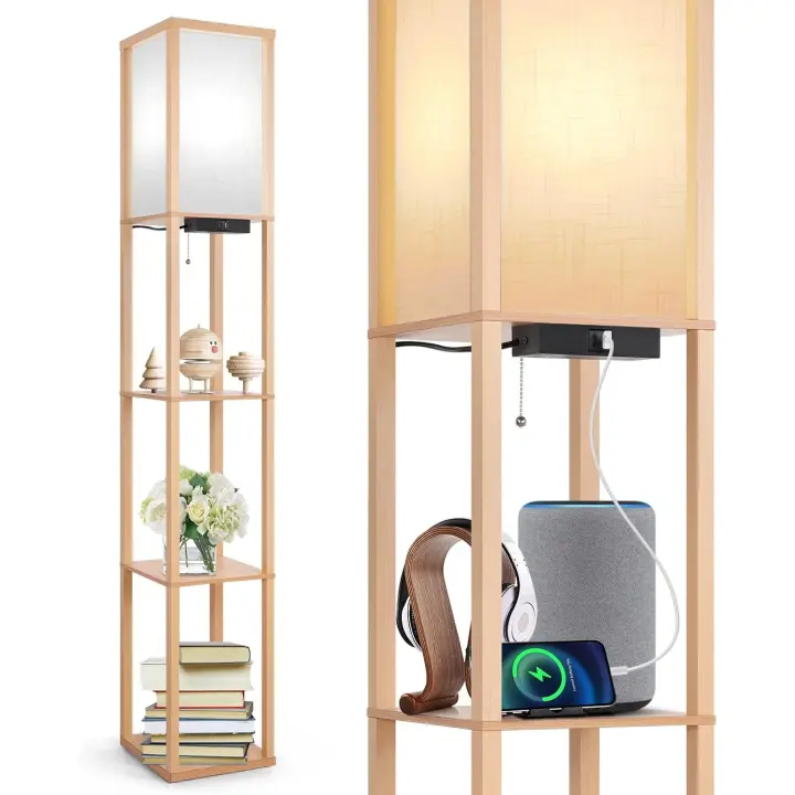 Lámpara de Pie, Puerto de Carga y Control Remoto, Estante de Madera, LED Regulable de 4 Temperaturas de Color, Incluye Bombilla, para Salón, Dormitorio y Oficina, Decoración Vintage - 1
