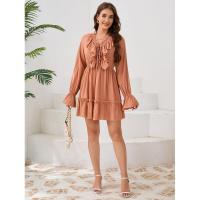 Vestido elegante de manga larga con cuello en V para mujer, vestido corto con volantes, color sólido, informal, nuevo en promoción - details 5