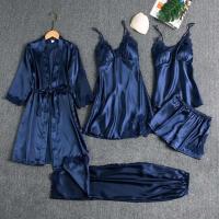 Conjunto de Dormir de Satén para Mujeres de 5 Piezas Bata de Casa ENCE, Monos de Noche, Chaleco, Pantalones - details 8