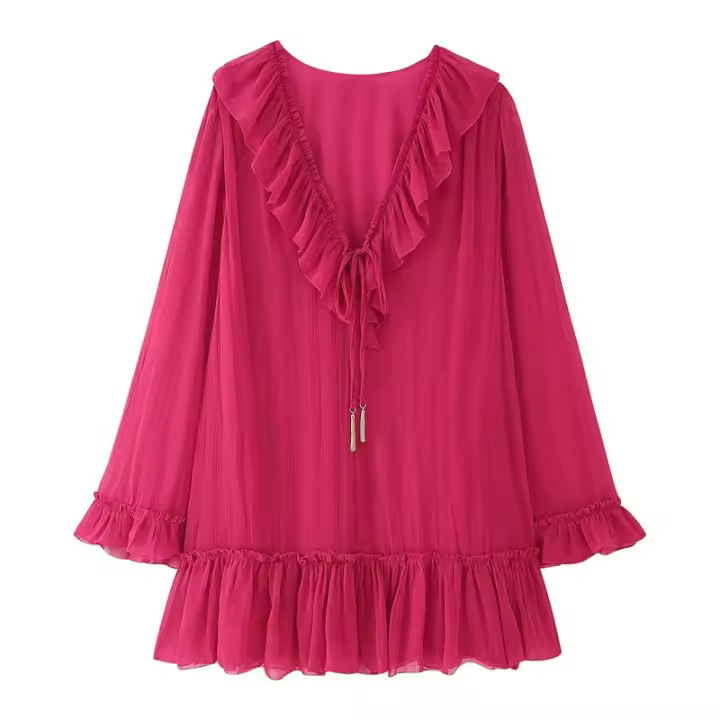OUWU- Vestido Nuevo De Verano Con Temperamento De Manga Larga Y Efecto Plisado De Color Sólido A La Moda Para Mujer - 1