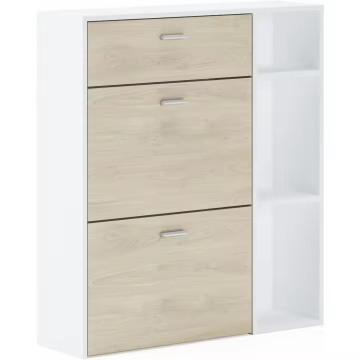 Armario Zapatero 102 x 90 x 26 cm Capacidad para 12 Pares de Zapatos 2 Puertas Basculantes + 1 Cajón Modelo Wind Acabado Roble/Blanco - 1