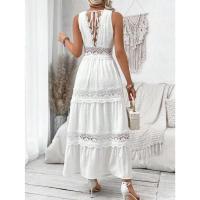 Vestido largo sexy hasta el tobillo blanco de cintura alta sin mangas con cuello en V de encaje para mujer - details 4
