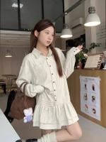 「MD」Vestido corto holgado con volantes para mujer, camisas a rayas, serie coreana, dulce y pequeño, para principios de otoño - details 1
