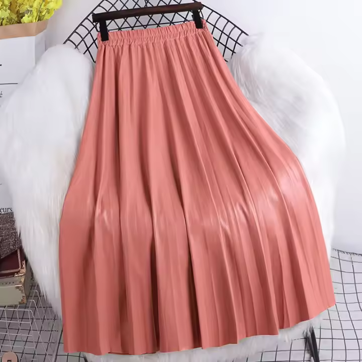 Falda de Cuero PU con Pliegues de Estilo Coreano Cintura Alta, Ajuste Elástico, Moda de Otoño-Invierno para Mujeres - 1