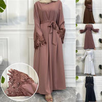 Vestido largo musulmán Abaya Jilbab para mujer, caftán de flores con cremallera de encaje, moda de Color sólido, Abayas de Dubai - details 1