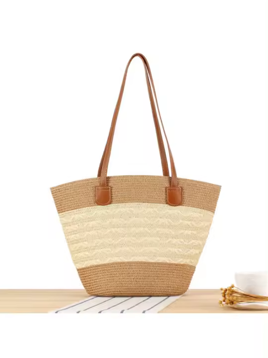Bolso de mano de gran capacidad a rayas Bolso tejido a mano con textura premium Bolso de hombro versátil de vacaciones - 1