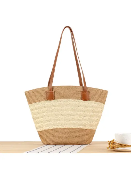 Bolso de mano de gran capacidad a rayas Bolso tejido a mano con textura premium Bolso de hombro versátil de vacaciones - 1