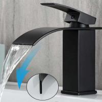 Grifo de lavabo de acero inoxidable de estilo alto en cascada negra, mezclador frío y caliente, grifos de fregadero, instalación en encimera - details 2