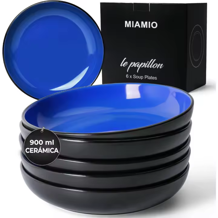 Juego de 6 platos hondos de 900 ml / 22 cm para pasta/ensalada, cuencos de pasta anchos y poco profundos, plato hondo grande de cerámica - Colección Le Papillon (Azul) - 1