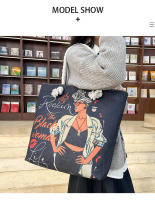 Nueva bolsa de mano bolsa de playa Bart pintado pintura bolsa de dibujos animados lino bolsa de lona de gran capacidad negro hermosa mujer - details 21