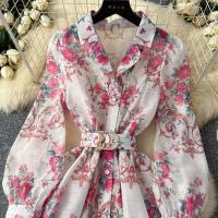Vestido corto con estampado de wer para mujer, moda de primavera 2024, manga larga acampanada, botones de perlas con muescas, Mini Vestidos de fiesta con cinturón - details 3