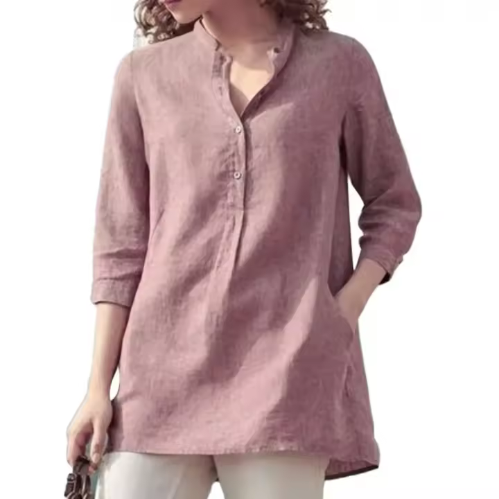 Elegante lino de algodón para mujer, informal con solapas, botones lisos, camisas holgadas de manga 3/4 para otoño e invierno, blusas tipo túnica - 1