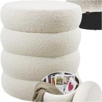 Taburete Almacenaje Bouclé, Carga: 120 kg, MDF, Puff Almacenaje, Taburete Dormitorio, Reposapies Puff, Zapatero Entrada Recibidor, Asiento Acolchado, Ideal Salón Hogar - 42 x 47 cm Crema - details 0