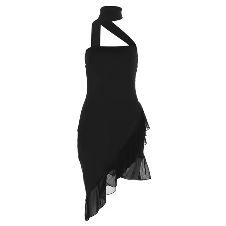 BUNO-minivestido asimétrico con cuello Halter para mujer, minivestido liso con hombros descubiertos, sin mangas, con costuras de encaje, ropa concisa de fiesta para mujer - 1