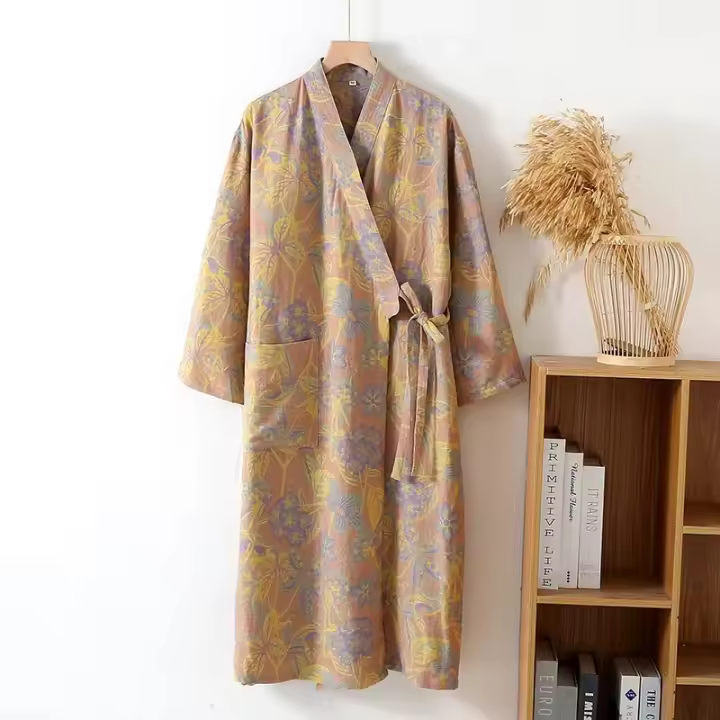 Batas de Algodón Estilo Nacional Jacquard para Mujer Camisón de Manga Larga de Gasa de Doble Capa, Albornoz Suelto, Ropa de Noche Kimono - 1
