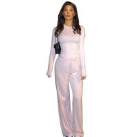 Conjunto de pantalón de pierna ancha y top de manga larga básico de color sólido nuevo de otoño para mujer Y24593 - details 18