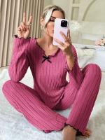 Ropa de dormir ranurada para mujer, ropa de dormir de otoño e invierno, top y pantalones de manga larga, conjunto de 2 piezas, ropa para el hogar, ropa informal - details 5
