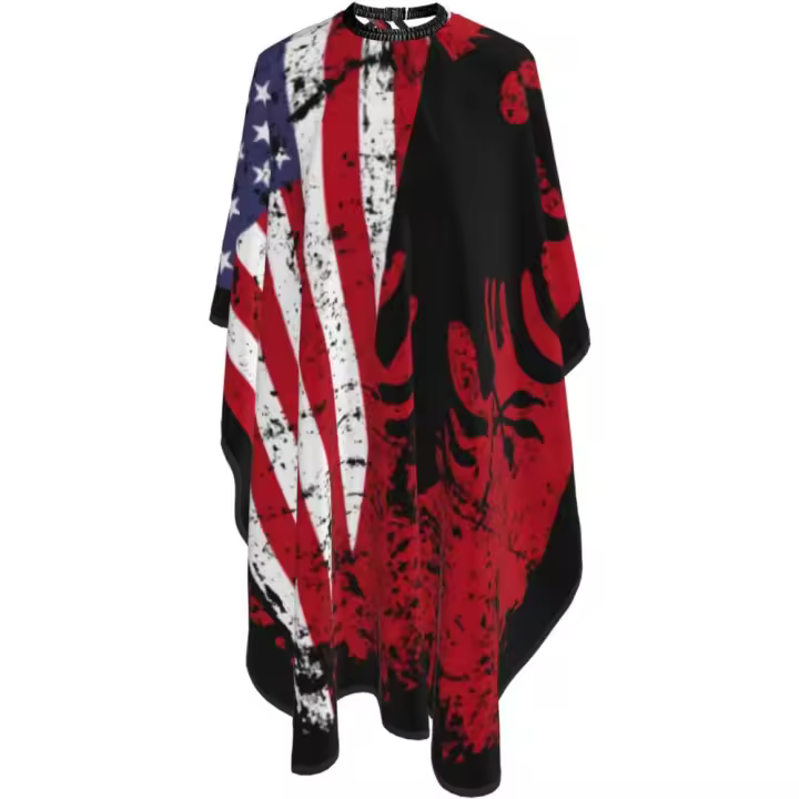Capa de peluquero de salón con bandera americana de raíces albanesas - Capa de corte de pelo impermeable de peluquería profesional con cierre a presión ajustable - Delantal de corte de pelo para estilista y uso doméstico - 55''X66'' - 1