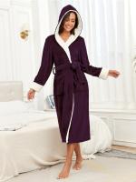Bata De Baño Para Mujer Con Capucha Colorida Y Larga Cómoda Y Cálida Para Otoño E Invierno Pijama De Casa De Poliéster - details 10